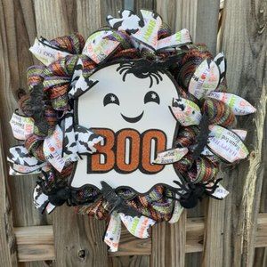 Deco Mesh Cute Boo Ghost Halloween Wreath Handmade Spooky Fun 18"